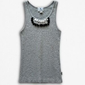 M. Rose Womens Gray‎ Ribbed Knit Tank Top Embellished Neckline Size M/OS